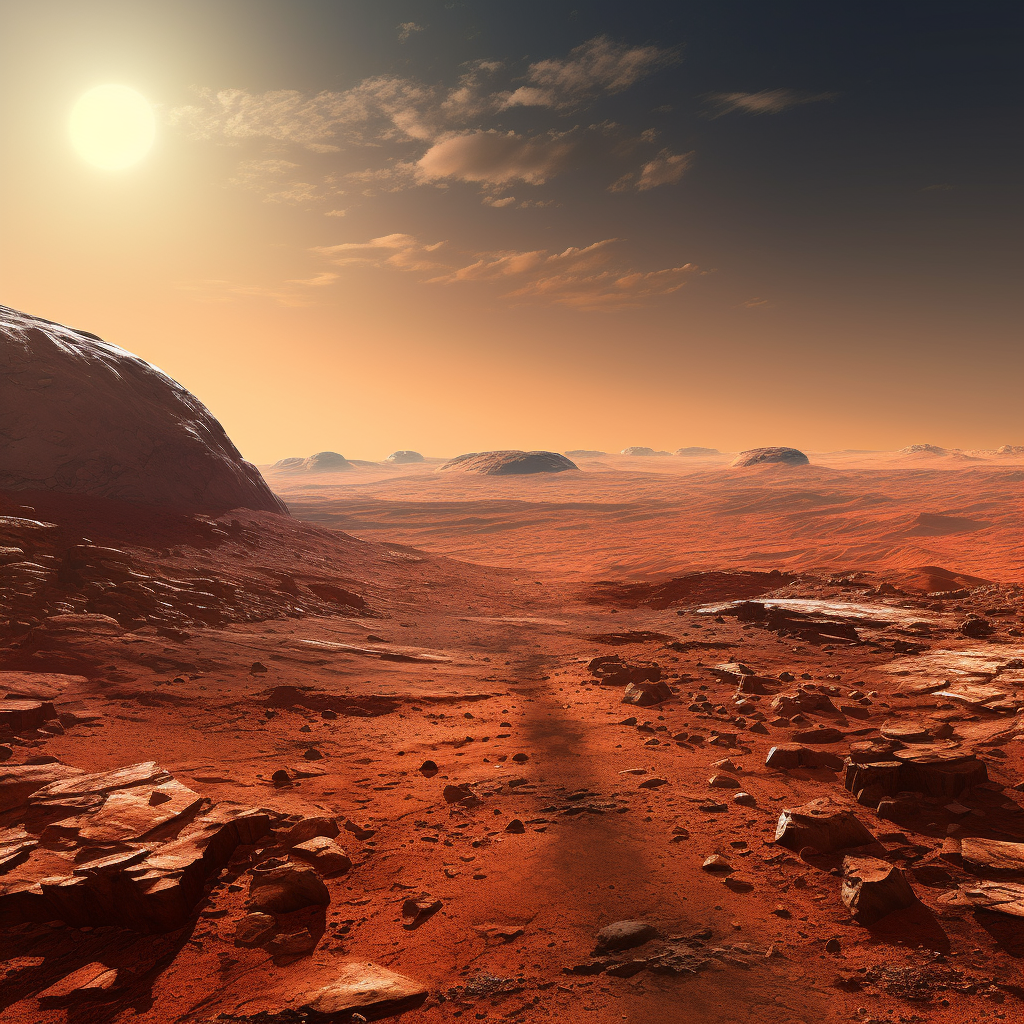 Panoramic view of Mars's red surface, showing distinctive landmarks and terrain. Order of planets.