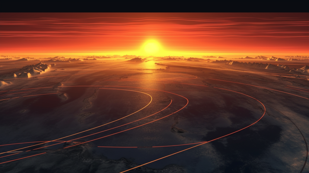 a map showing lines of longitude sunset across the globe