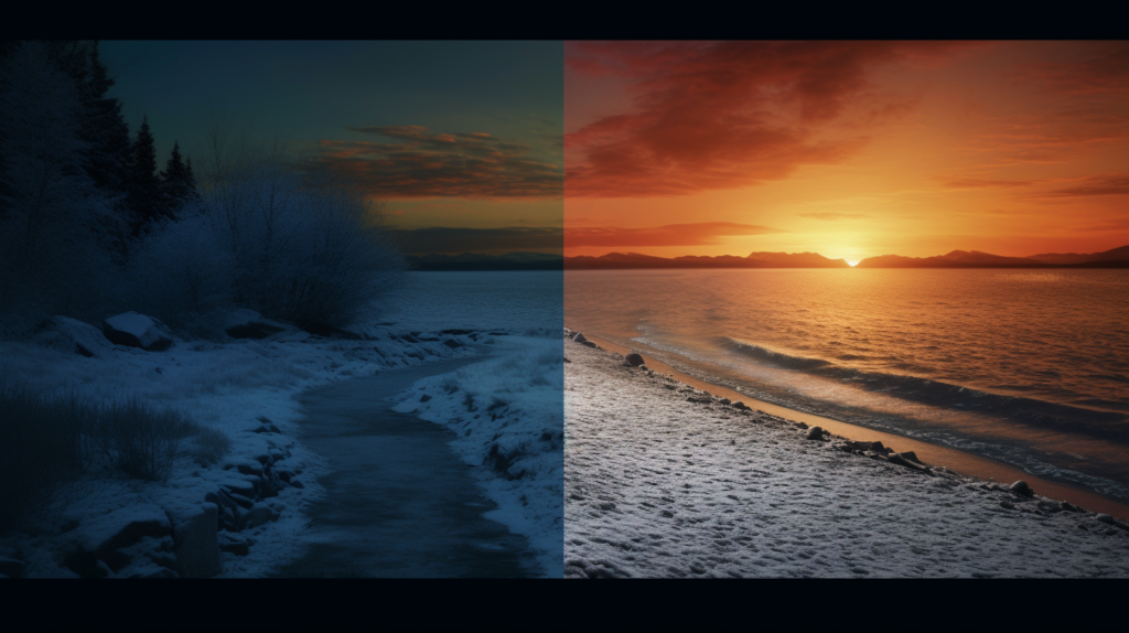 a split frame showing a summer and winter sunset at the same location