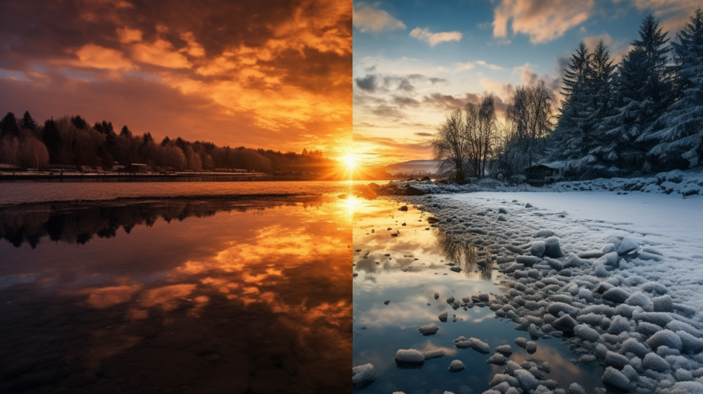 a split frame showing a summer and winter sunset at the same location