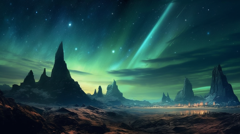 Aurora borealis over ancient Norse landscape