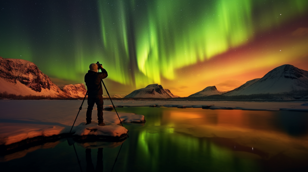 Person photographing aurora borealis with tripod