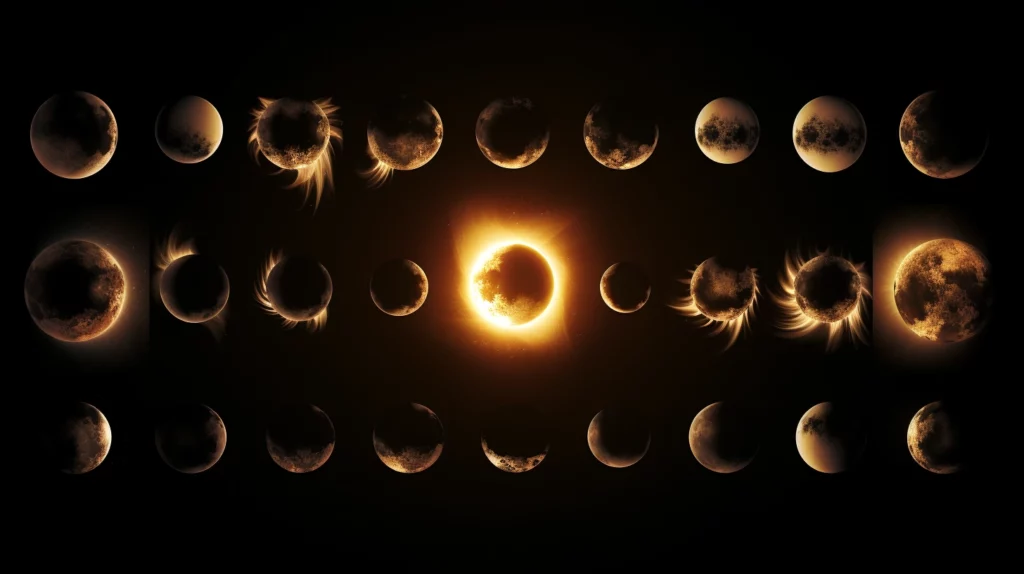 a collage of total solar eclipses from different eras