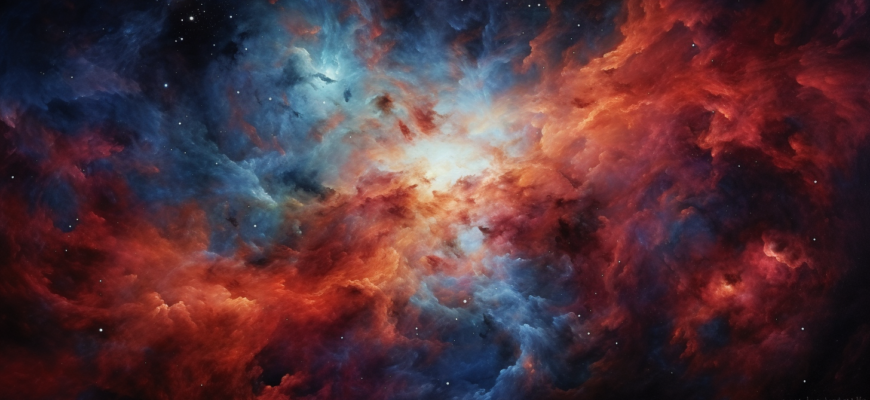 cosmic scene showcasing an emergent star surrounded by illuminated clouds of gas and dust in a stellar nursery