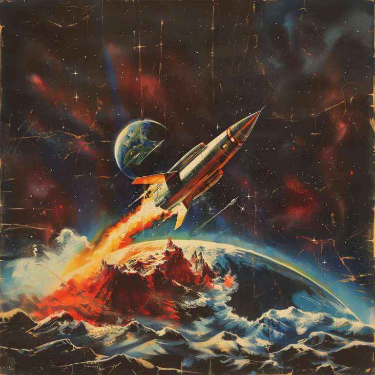 a classic science fiction book cover illustration of a warp capable spaceship launching