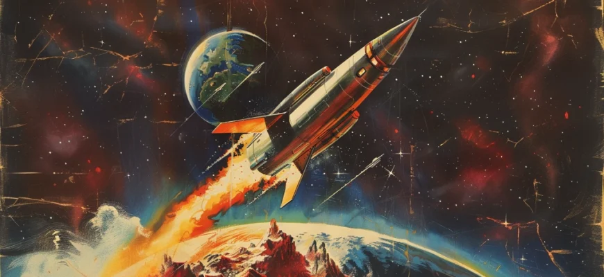 a classic science fiction book cover illustration of a warp capable spaceship launching