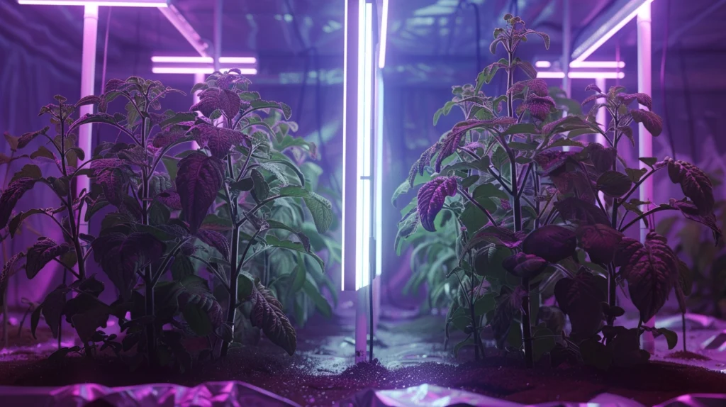 a tomato plants grown under mars like conditions with nutrient enriched soil and led lighting