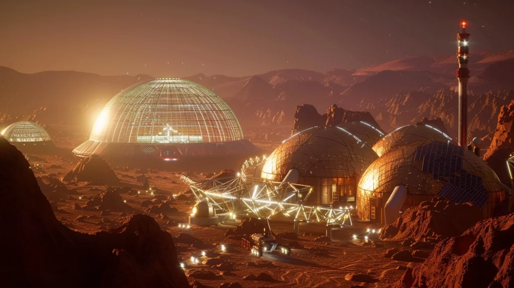 artistic depiction of domed habitats greenhouses rovers and other infrastructure for a mars