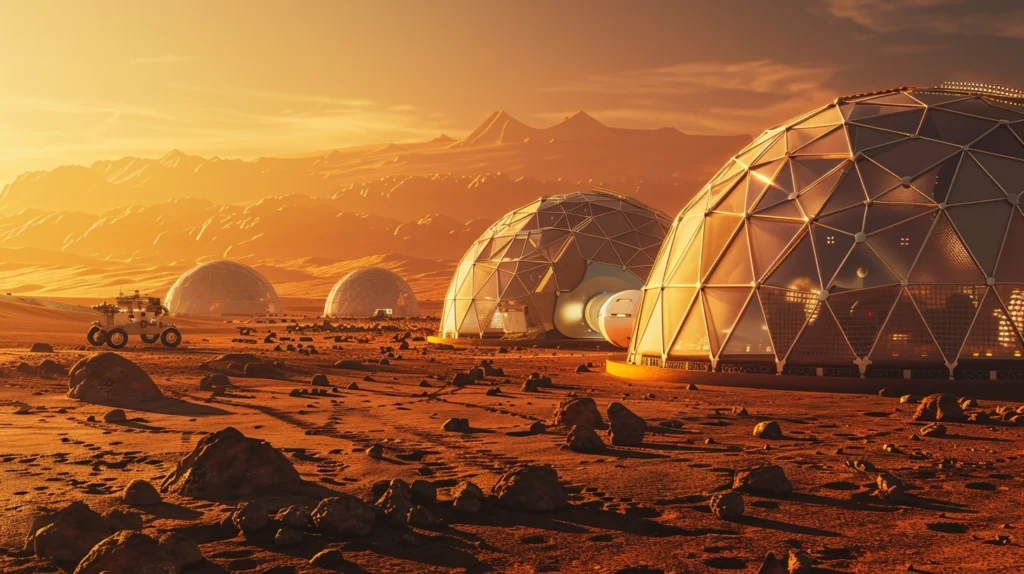 artistic depiction of domed habitats greenhouses rovers and other infrastructure for a mars colony