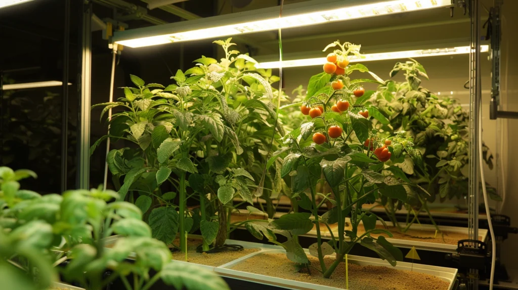 experimental setup showing tomato plants grown under mars like conditions with nutrient enriched soil and led lighting