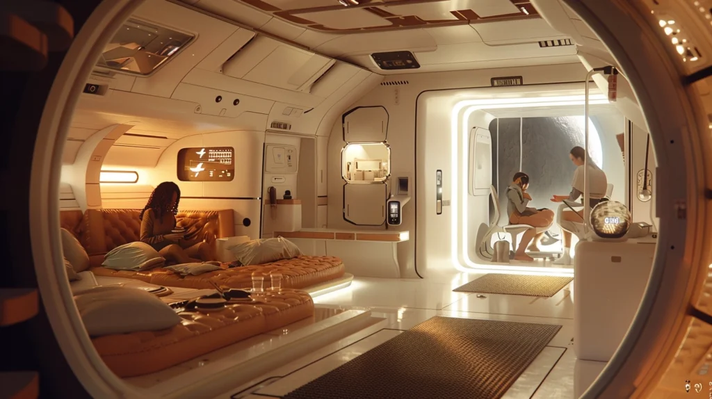 interior view showing colonists engaged in activities like eating exercising operating systems inside a mars habitat