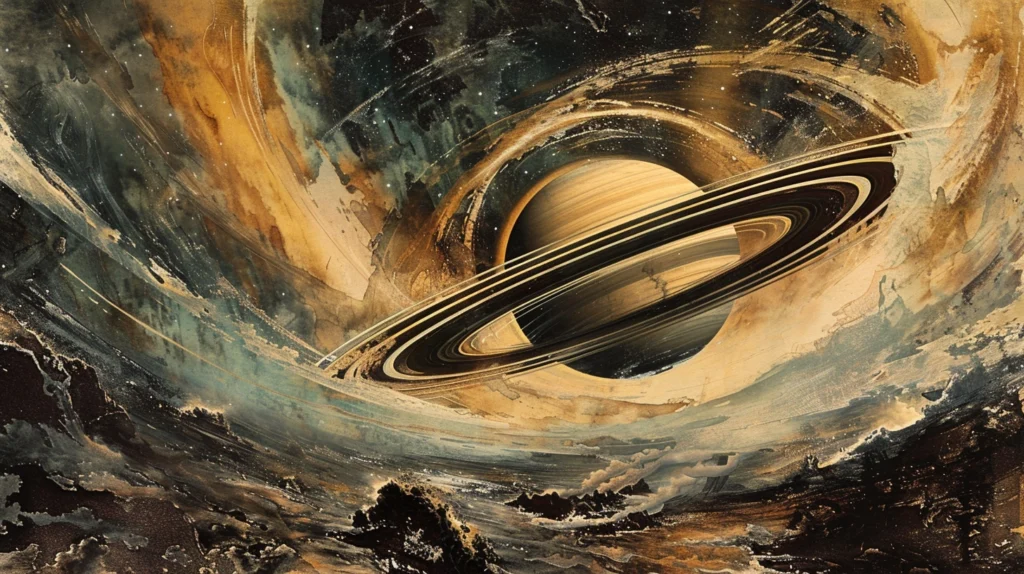 a vintage science fiction illustration of saturn showcasing the rings as a majestic hand painted