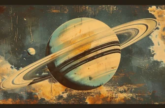 A vintage science fiction illustration of Saturn, showcasing the rings as a majestic, hand painted spectacle