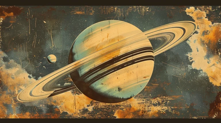 A vintage science fiction illustration of Saturn, showcasing the rings as a majestic, hand painted spectacle