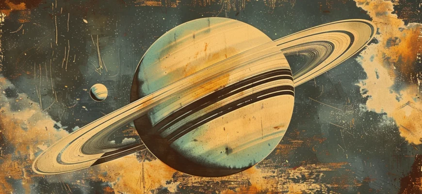 A vintage science fiction illustration of Saturn, showcasing the rings as a majestic, hand painted spectacle